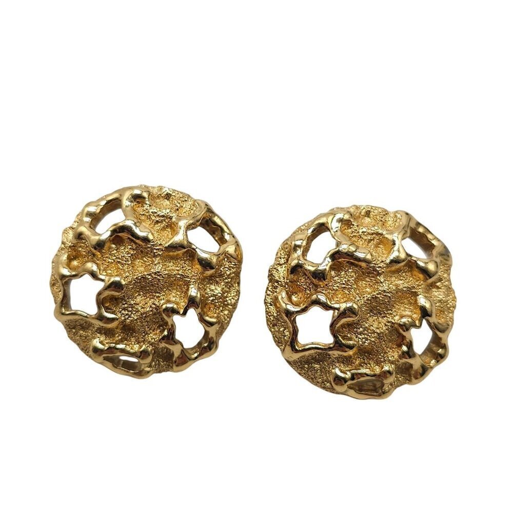 Vintage Monet Gold Tone Cut Out Textured Brutalist Clip On Earrings
